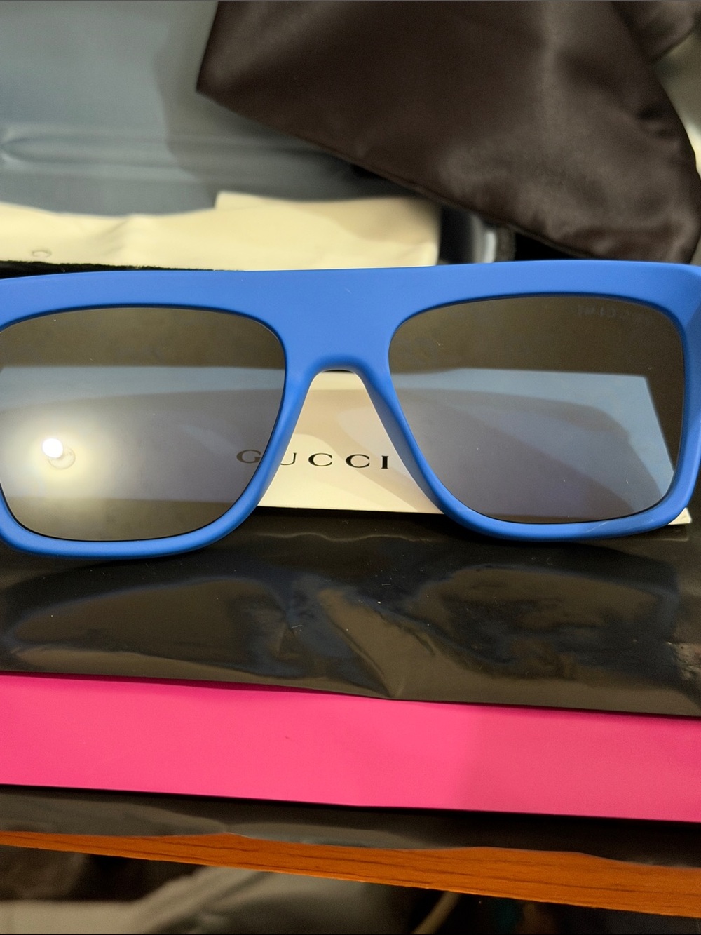 Gucci Unisex Bright Blue Frame Sunglasses with Amber Mirrored Lenses AUTHENTIC - Picture 12 of 13